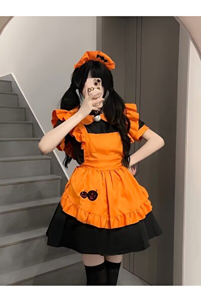 Butic Balkabağı Hizmetçi Kostümü Hallowen Pumpkin Maid Dress Cosplay Anime