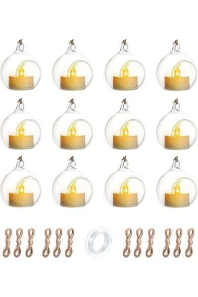 Mado Gallery Hanging Glass Globe Candle Holder Set, 12pcs with Tealights & Tw...