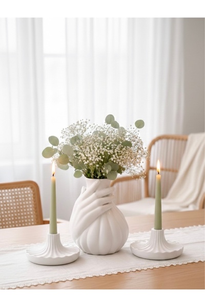 Markasız ucuz 3’lü Hediyelik Set, Dekoratif El Figürlü Vazo Ve 2'li Mumluk/Şa...