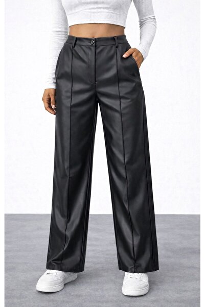 SERBA Black Faux Leather High Waist Wide Leg Stylish Women's Pants