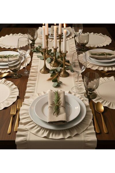 PARLAK ÇEYİZ Fırfırlı Keten Amerikan Servisi Yuvarlak Supla & Runner 7'li Parça