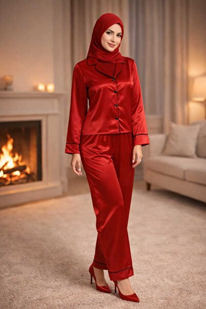 loriyes duğmeli uzun kol saten pijama takımı