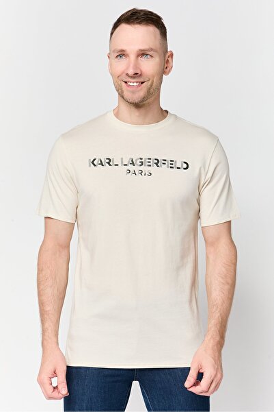 Karl Lagerfeld Men Crew Neck Short Sleeve Graphic Print T-Shirt, Beige