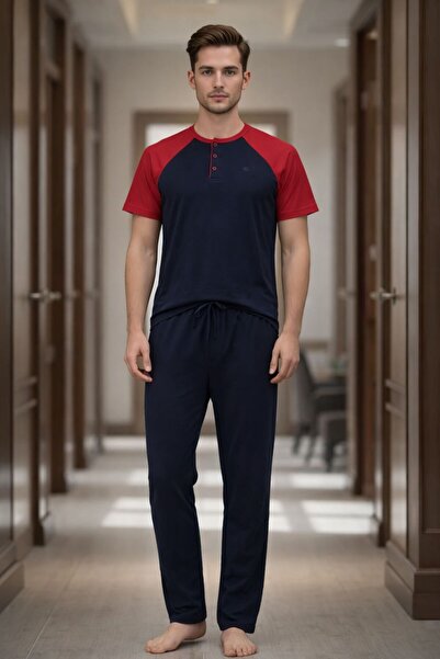 DEEPSENCE Set de pijamale pentru bărbați, albastru marin, cu mânecă scurtă, d...