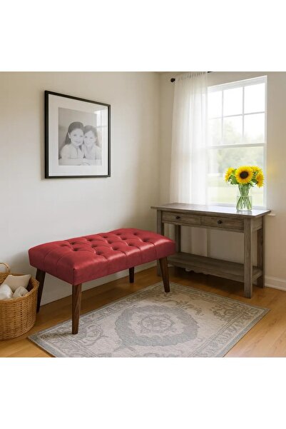 WATERYBROOK Bench Bank Puf - Suni Deri - Ceviz Ahşap Ayaklı - Retro Modern Ta...