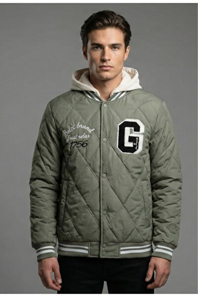 embody Autumn-Spring Quilted Bomber Jacket with Material Hood and Striped Sle...