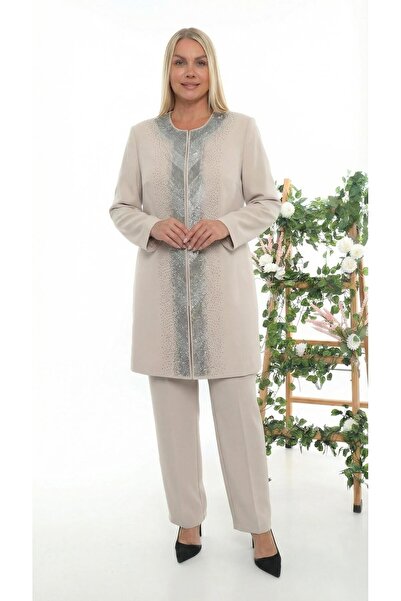 MİSS DİAMOND Stone Embroidered Lined Beige Triple Pant Suit