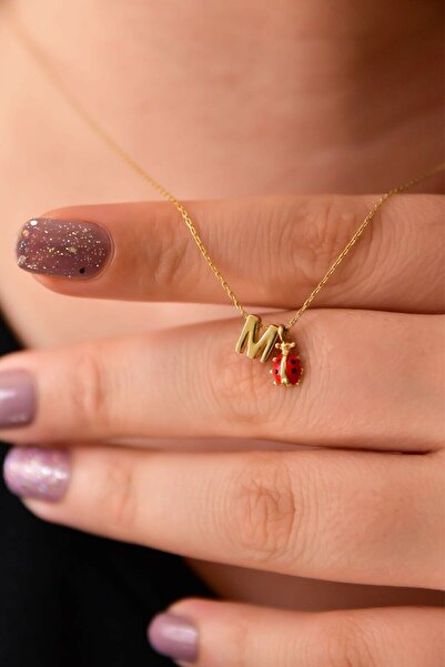 azuris 925 Ayar Gümüş Altın Kaplama 3d M Harf ve Uğur Böceği Kolye