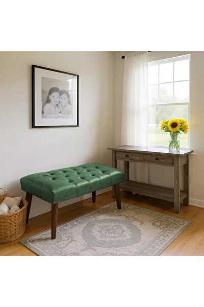 WATERYBROOK Bench Bank Puf - Suni Deri - Ceviz Ahşap Ayaklı - Retro Modern Ta...