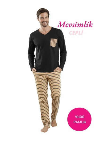 seamlife Men's Patterned Buttonless V-Neck 100% Cotton Transitional Long Slee...