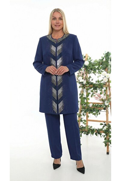 MİSS DİAMOND Stone Embroidered Lined Navy Blue Triple Pants Suit