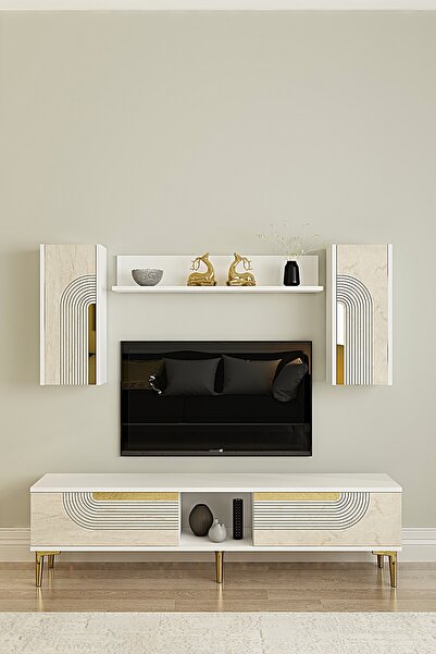 CENEYRA TVR1502BTG - MEYRA TVR150 TV ÜNİTESİ TAKIM BEYAZ-TRAVERTEN KAPAK-GOLD...