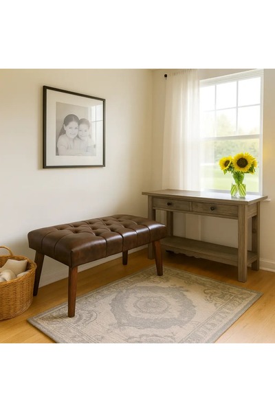 WATERYBROOK Bench Bank Puf - Suni Deri - Ceviz Ahşap Ayaklı - Retro Modern Ta...