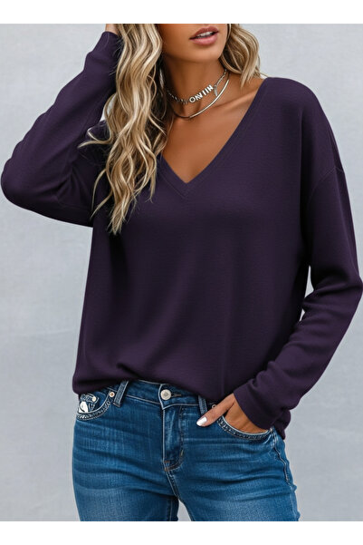 Kokosh moda Women's Long Sleeve V Neck Viscose Two Thread Blouse