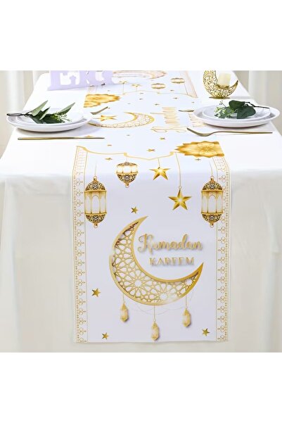 BYFT مفرش طاولة رمضان كريم وعيد مبارك - طقم هلال ونجوم إسلامية (قطعة واحدة)