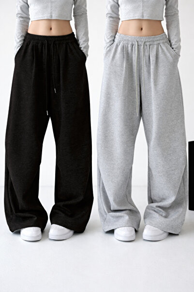 pandy 2'li Kadın Bol Paça Yüksek Bel Eşofman Altı