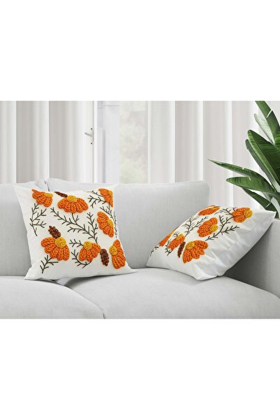 Şah Dekor Bohemian Boho Daisy Themed Orange Color 3D Digital Printed Gift 2-P...