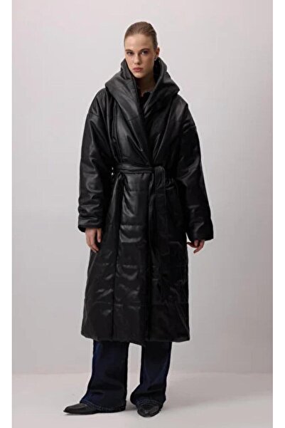 Touche PRİVE KAPÜŞONLU MAXİ VEGAN DERİ MONT