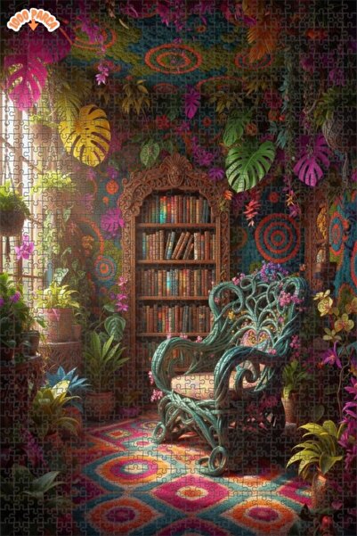 Teona Ahşap Bohem Bahçe Koltuklu Kitaplık Ahşap Puzzle 1000 PARÇA 70x50