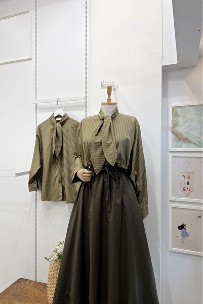 Faya Boutique Haki Yeşili Çizgi Desenli Viskon Gömlek