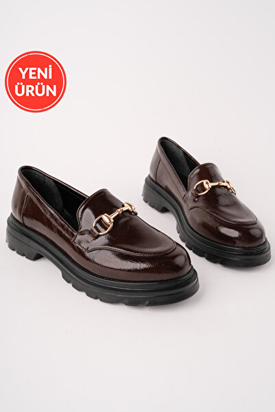 MARSHETTA Viana Model Metal Buckle Detailed Brown Wrinkled Patent Leather Wom...