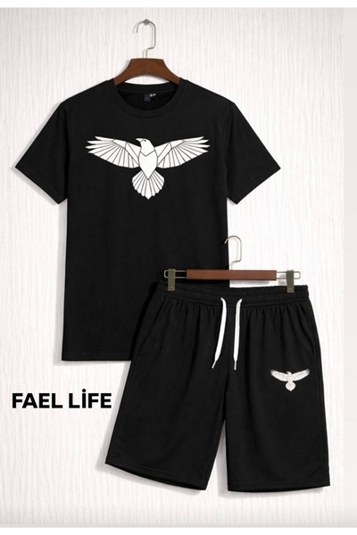FAEL LİFE Ширококроени шорти и тениска с принт на гарван за момичета/момчета