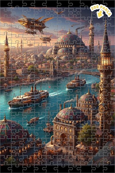 Teona Ahşap Steampunk İstanbul Manzaralı Yağlı Boya Görünümlü Çift Katlı Çerç...