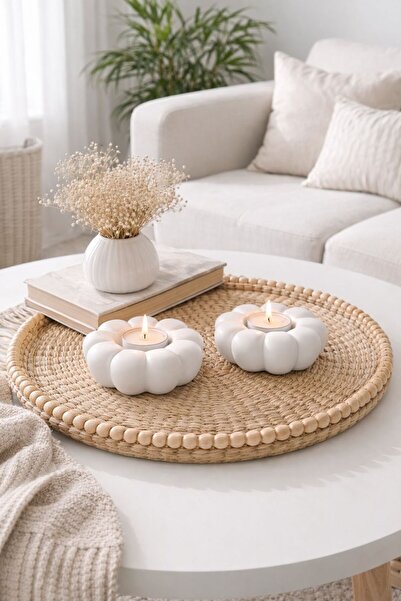 BUBUHOMEDECOR Çiçek Dekoratifli mumluk 2'li beyaz