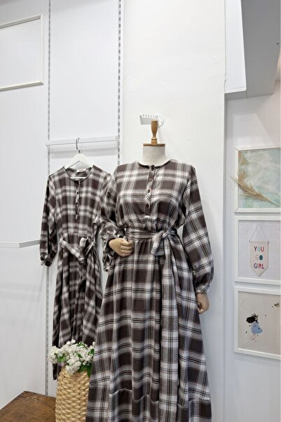 Faya Boutique Turuncu Kahverengi Ekoseli Sweety Elbise