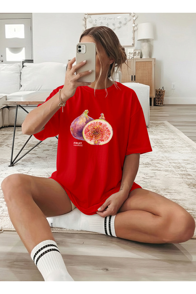 caddekombin Women's Pinterest Fig B Printed Crew Neck Red T-Shirt