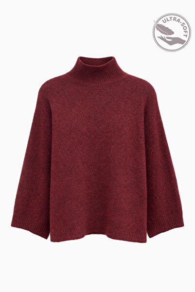 Mixray 6998 women's batwing sleeve wool blend turtleneck knit sweater - burgundy