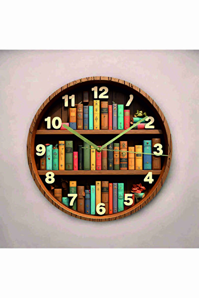 AA Shop Kitap Raf Kütüphane Renkli Baskı Desenli Sayılı Hediyelik Ahşap Sessiz Tablo Duvar Saati 636
