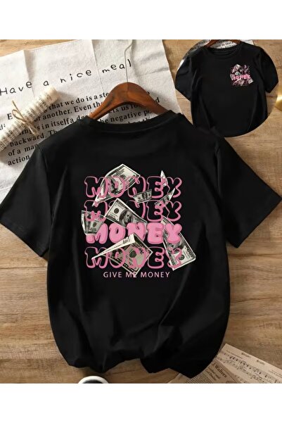 LELVANİ Tricou negru pentru femei, cu imprimeu roz cu bani