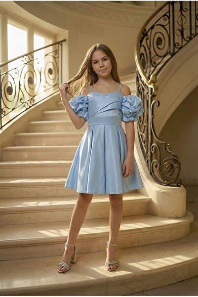 BUTİKHAPPYKİDS Girl's Strap Baby Blue Balloon Sleeve Monorail Fabric Evening ...