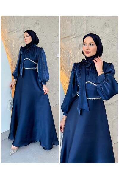 GÜZELLER Bow Collar, Stone Detailed Belt at the Waist, Piped Balloon Sleeves ...