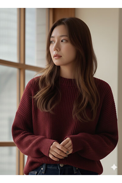 FAVORİST Knitwear Btk Women's Low Sleeve Oversized Mold Crew Neck Sweater