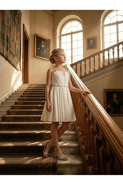 BUTİKHAPPYKİDS Girl's Cream Crepe Strap Stone Detailed Elegant Evening Dress ...