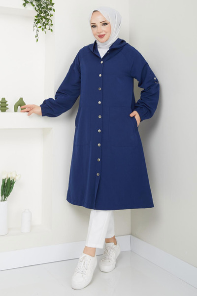 Tesettür Diyarı Торiно Тканинний тренч з капюшоном на ґудзиках - Синій