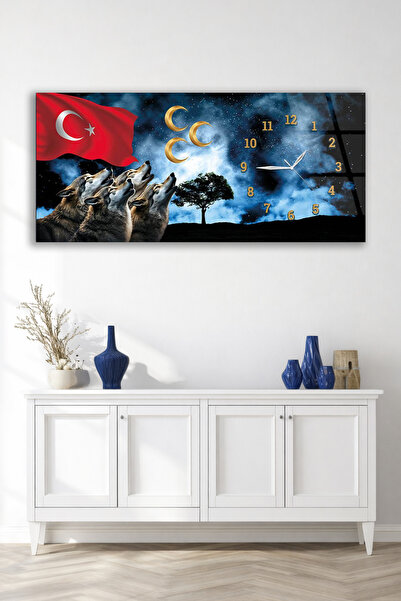 Olinpa KIRILMAZ CAM DUVAR SAATİ , HEM TABLO HEM SAAT BOZKURT ÜÇ HİLAL TÜRK BA...