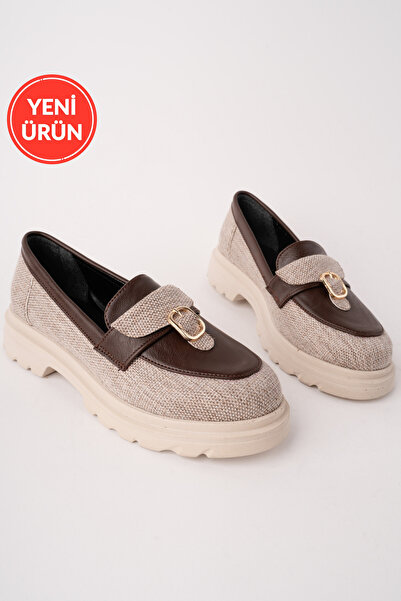 MARSHETTA Nerina Model Leather and Buckle Detailed Brown Linen Women's Loafer...