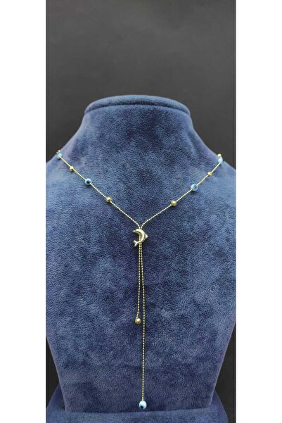 KirLiNova Minimal Necklace with Dolphin Figure and Evil Eye Bead Detail - Gold