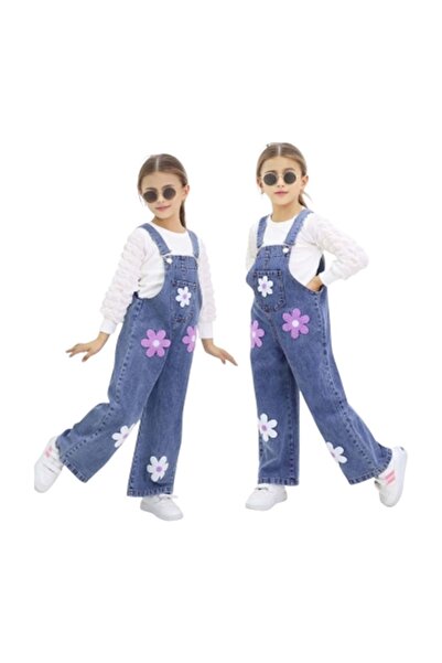 gültekin bebe İncilay Çiçek Desenli Kot Tulum 3-7 Yaş-2653348 - MAVİ
