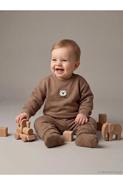 LC Waikiki Lcw Baby Brown Teddy Bear Embroidered Baby Boy Sweatshirt and Swea...