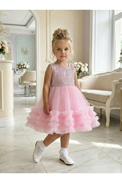 BUTİKHAPPYKİDS Rochie de seară prințesă din tul cu paiete roz pentru fetiță 1...