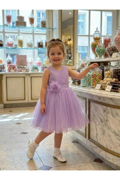 BUTİKHAPPYKİDS Girl's Lilac Flounced Tulle Evening Dress with Floral Detail, ...