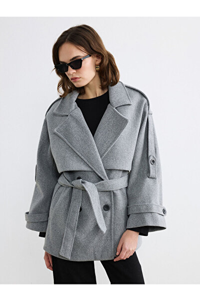 LC Waikiki Mg Trenden Gray Double-Breasted Collar Oversized Women's Cashmere ...