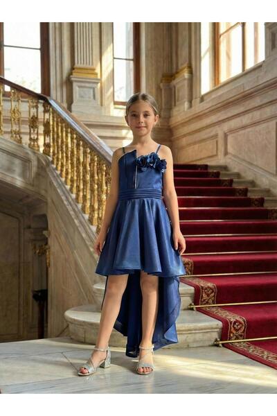 BUTİKHAPPYKİDS Girl's Navy Blue Satin Evening Dress with Asymmetrical Skirt, ...