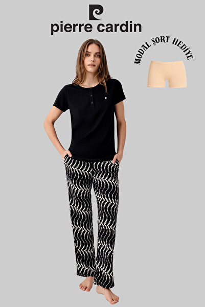 Pierre Cardin Women's Black Wide Collar Pocket Detailed Pajama Set (Modal Sho...