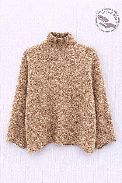 Mixray 6998 Women's Batwing Sleeve Wool Blend Turtleneck Knit Sweater Camel