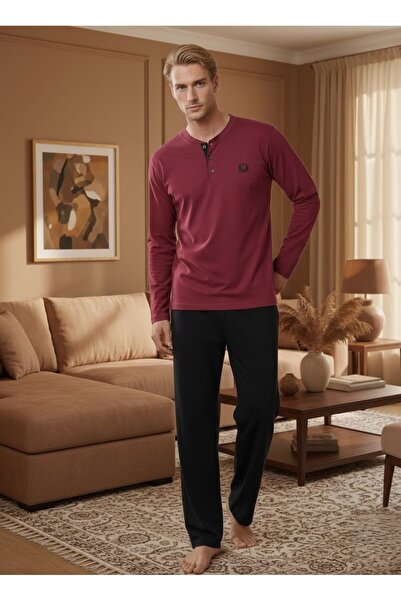 Lohusa Homewear New Season Men's Burgundy Crew Neck Button Detailed Long Slee...